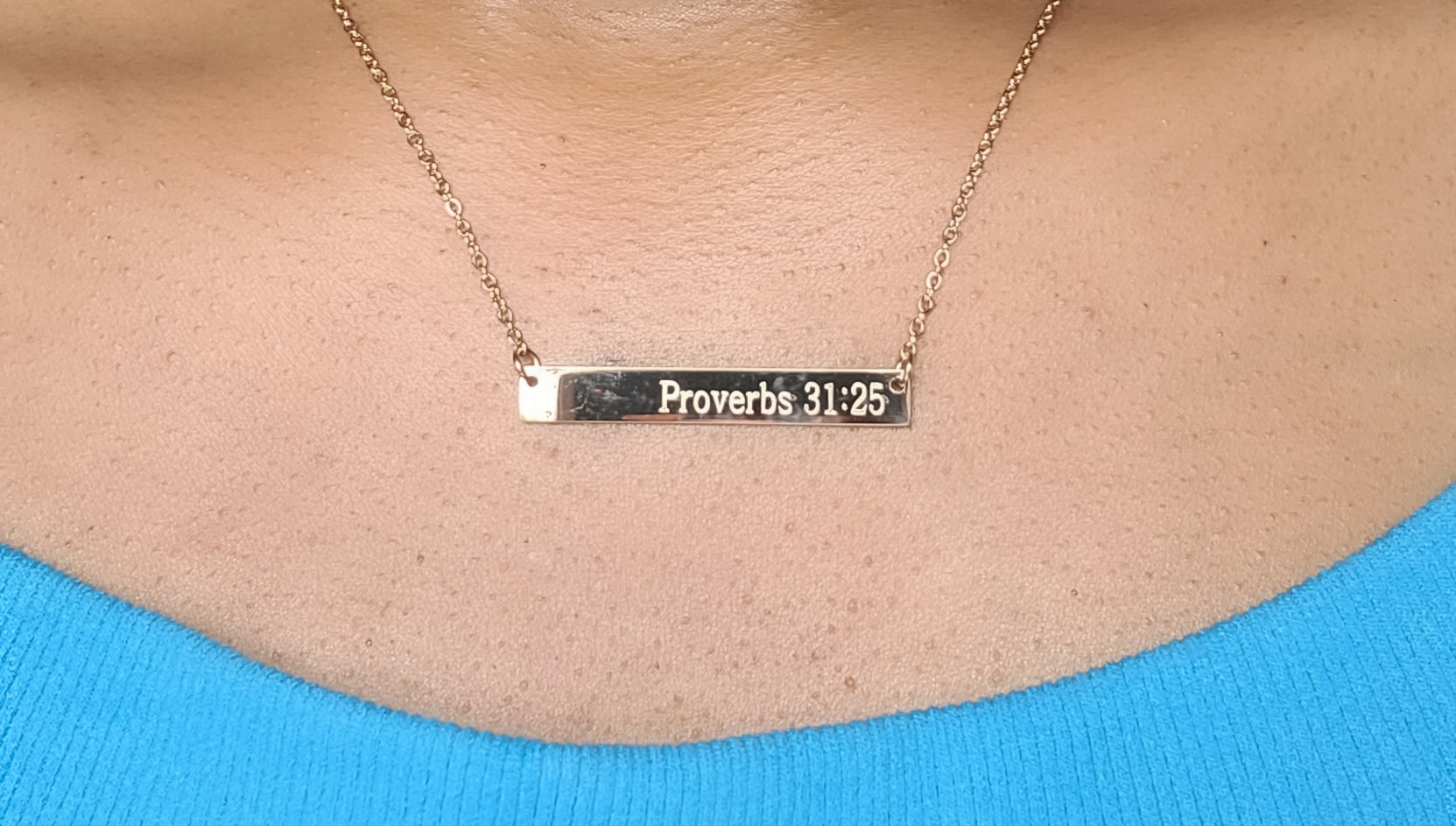 Proverbs 31:25 Bible Verse Bar Necklace